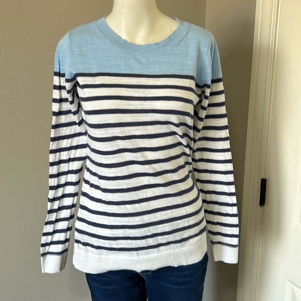 Tommy Bahama Womens Blue Stripe Crew Neck Sweater Pullover Linen Top Sz S